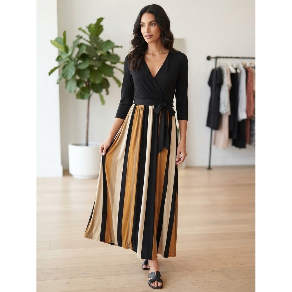 Fashion Nova Womens Maxi Dress Striped Skirt Wrap Top 3/4 Sleeve Black Brown 55"